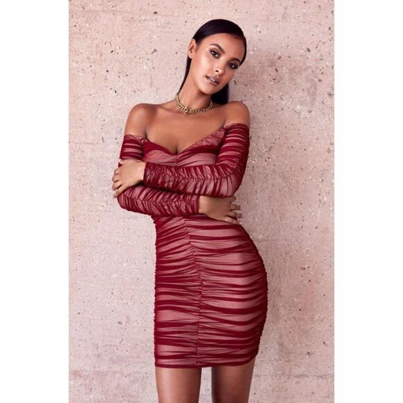House of CB London Fifi Dress Sheer Ruched Mini Off Shoulder Red Wine Medium - Picture 3 of 16